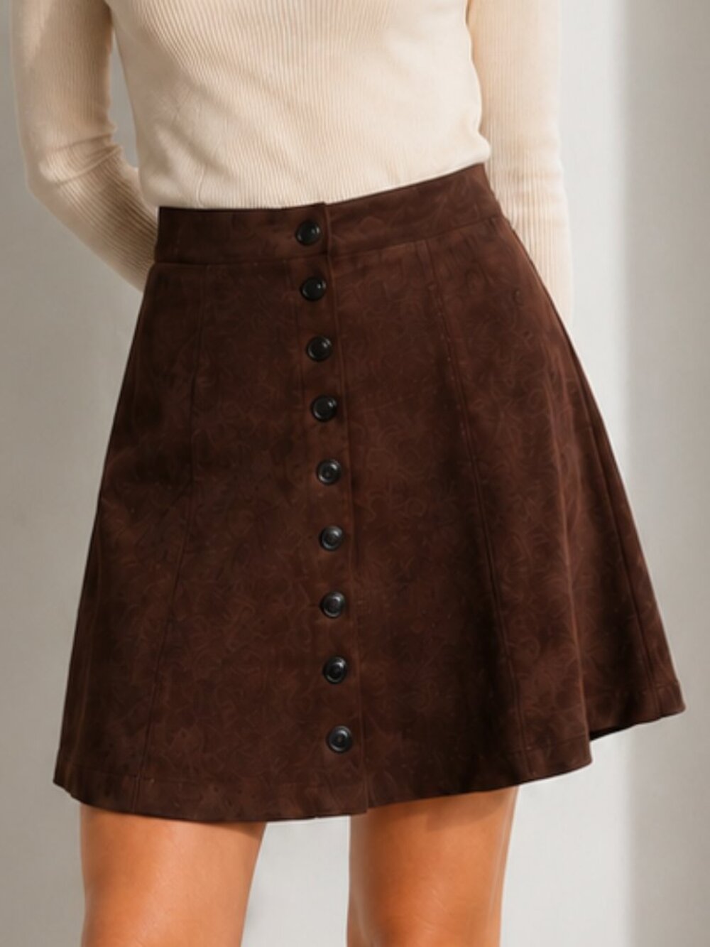 Express Genuine Leather Brown Suede Button Front A-Line Skirt Size 7/8